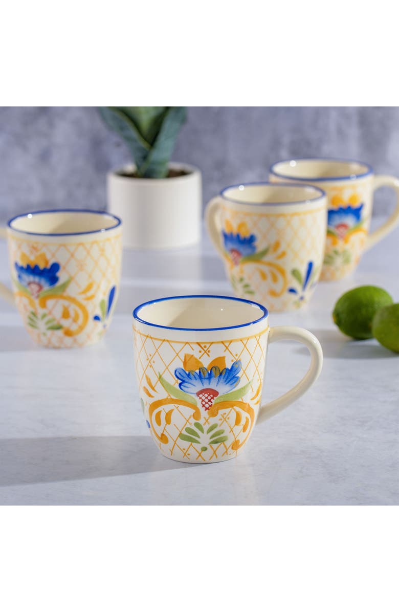 Laurie Gates Tierra Tile 4 Piece 17.4 Ounce Hand Painted Stoneware Mug Set, Alternate, color, White And Multi