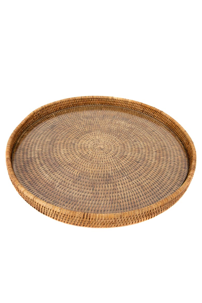 Artifacts Rattan Round Serving-Ottoman Tray with Glass Insert, Main, color, Honey Brown