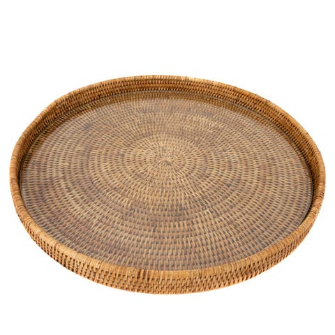 Artifacts Rattan Round Serving-Ottoman Tray with Glass Insert