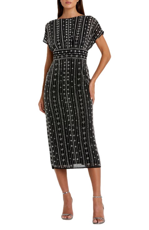 Beaded Cap Sleeve Column Midi Dress