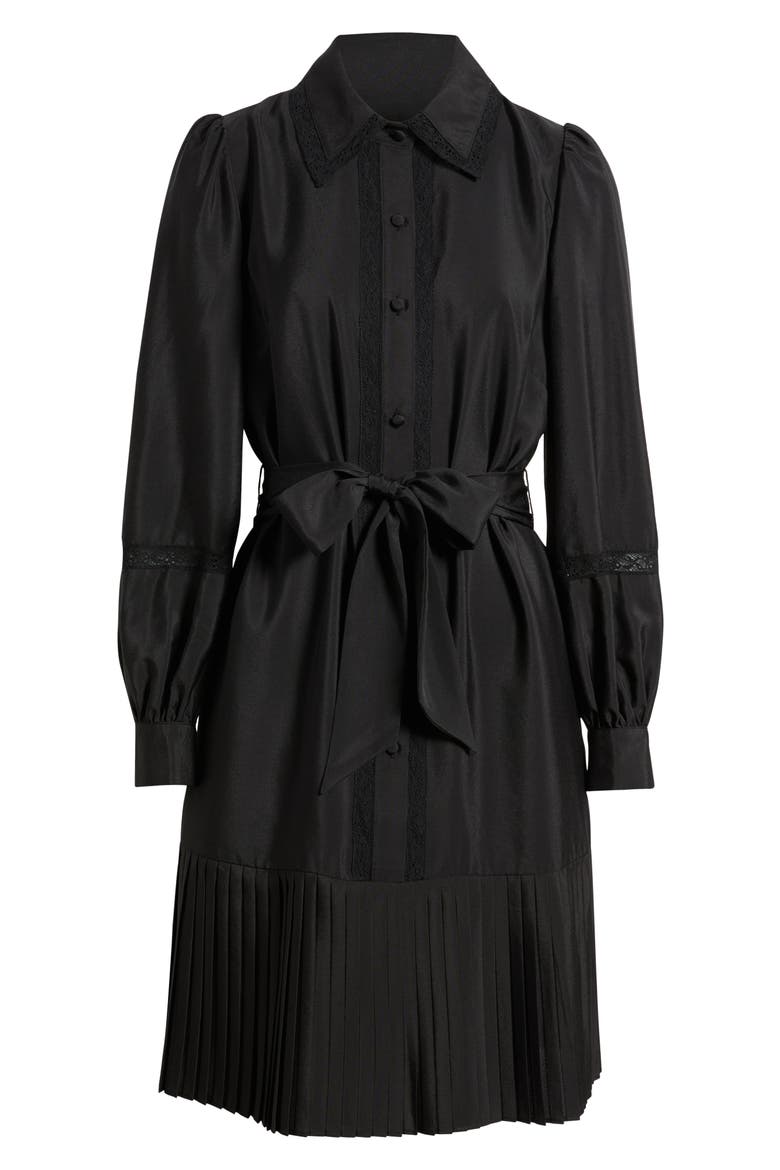 Lace Detail Long Sleeve Pleated Shirtdress, Alternate, color, BLACK