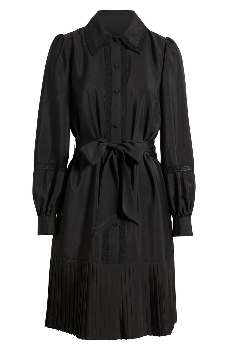 Eliza J Lace Detail Long Sleeve Pleated Shirtdress, Alternate, color, Black