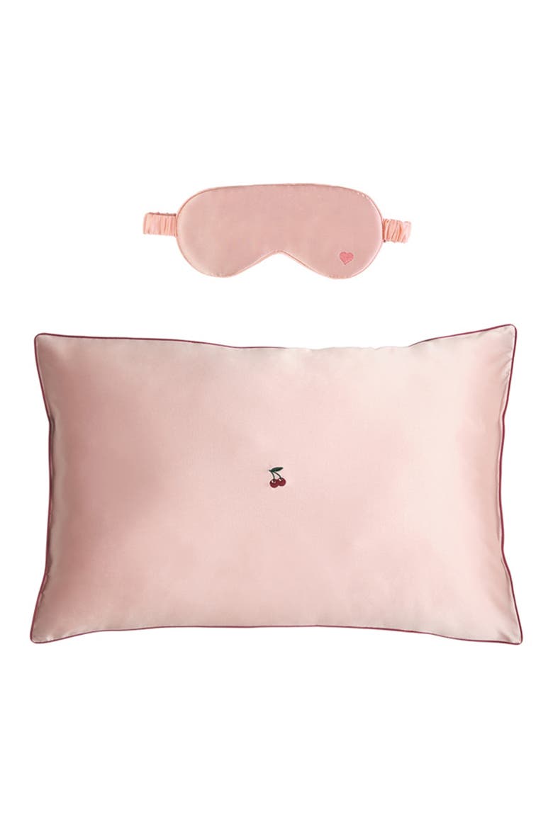 Embroidered Satin Pillowcase & Sleep Mask Set, Alternate, color, PINK/ HEART/ CHERRY