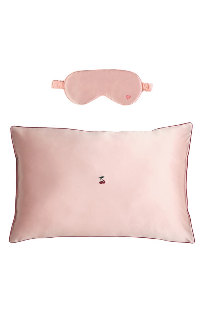 Lost Pattern Embroidered Satin Pillowcase & Sleep Mask Set, Alternate, color, Pink/ Heart/ Cherry