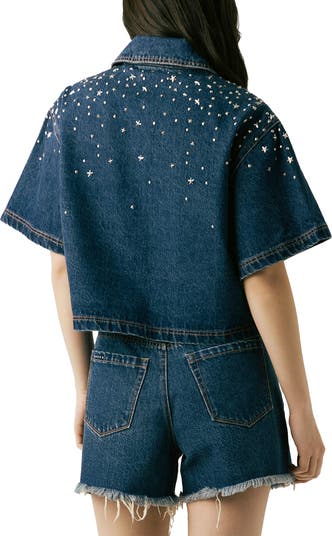 Stud Detail Elbow Sleeve Denim Button-Up Shirt