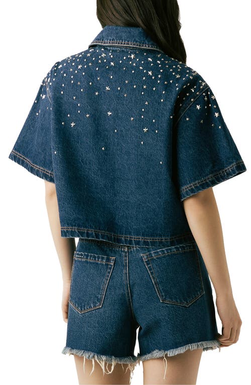 Blanknyc Stud Detail Elbow Sleeve Denim Button-up Shirt In Blue