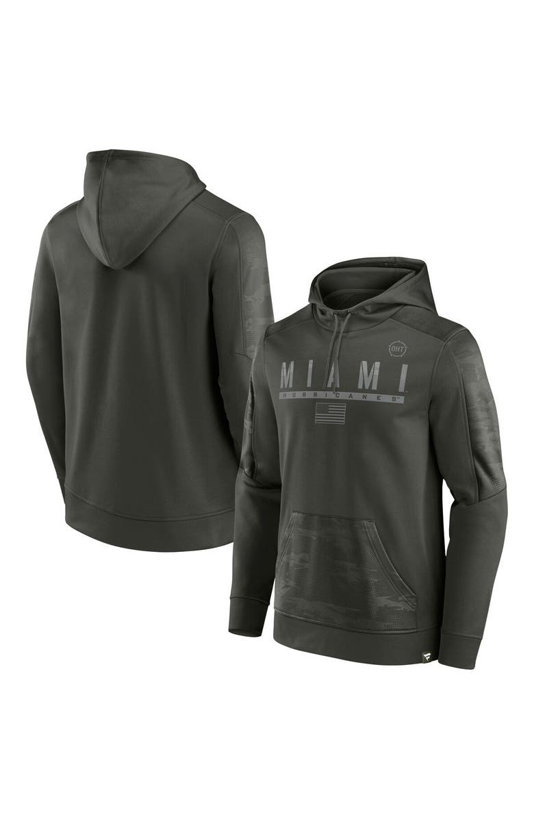 FANATICS Men's Fanatics Olive Miami Hurricanes OHT Military Appreciation Guardian Pullover Hoodie, Main, color, Olive