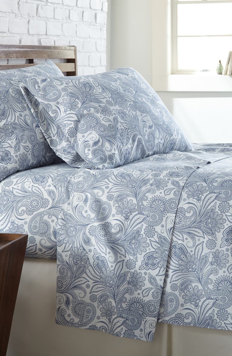 SOUTHSHORE FINE LINENS Perfect Paisley Printed Sheet Set, Main, color, White W Blue/ Paisley