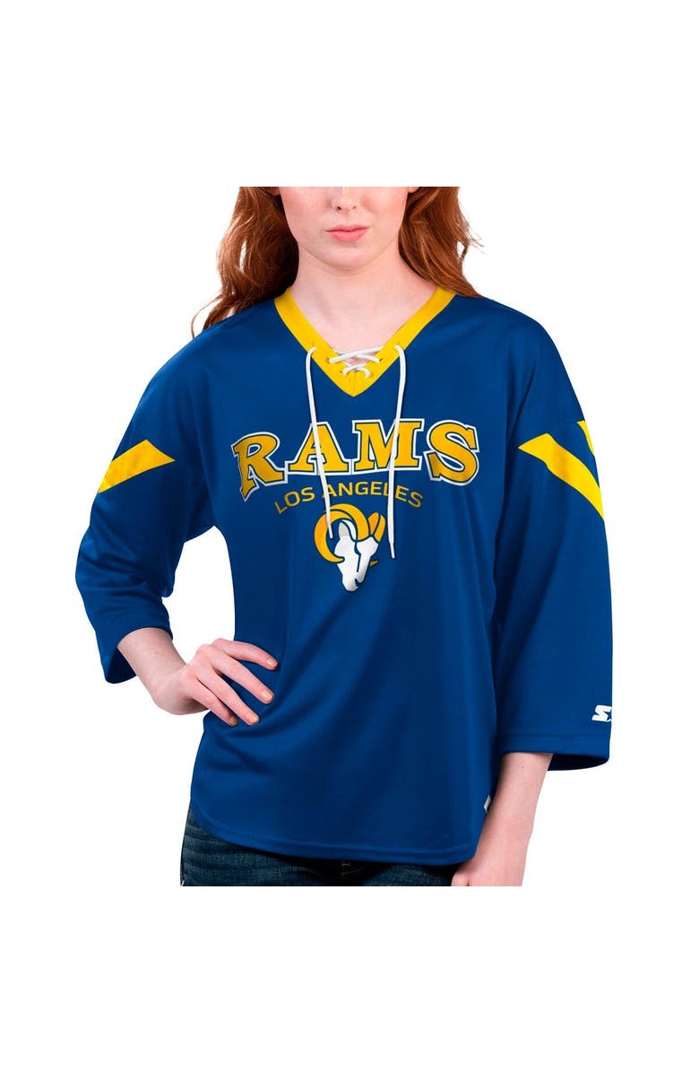 STARTER Women's Starter Royal Los Angeles Rams Rally Lace-Up 3/4 Sleeve T-Shirt, Main, color, Royal