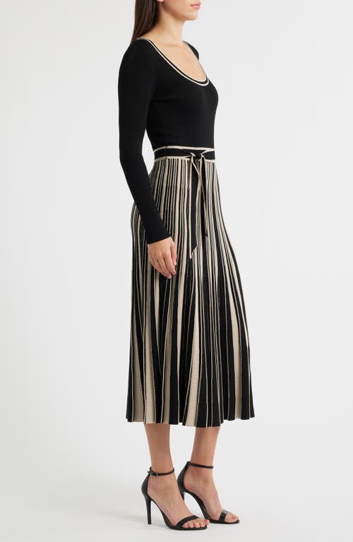 Moon River Tie Waist Long Sleeve Rib Maxi Sweater Dress In Black