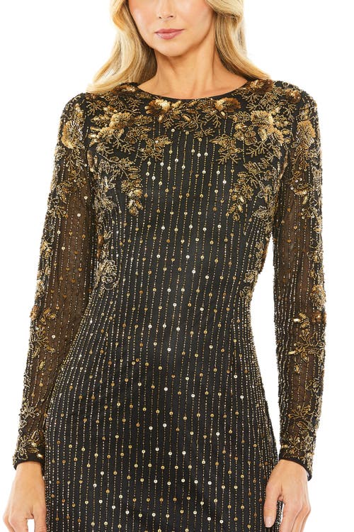 Mac Duggal High Neck Long Sleeve Embellished Gown In Black Gold