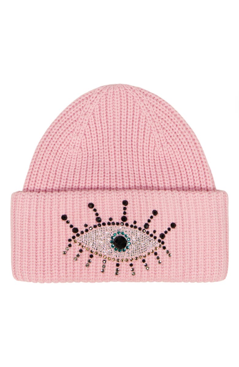 Kurt Geiger London Beaded Evil Eye Beanie, Main, color, Fuchsia