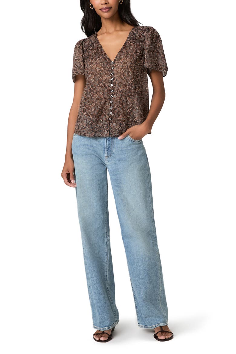 Elodie Paisley Button Up Cotton Top, Alternate, color, DARK BROWN MULTI