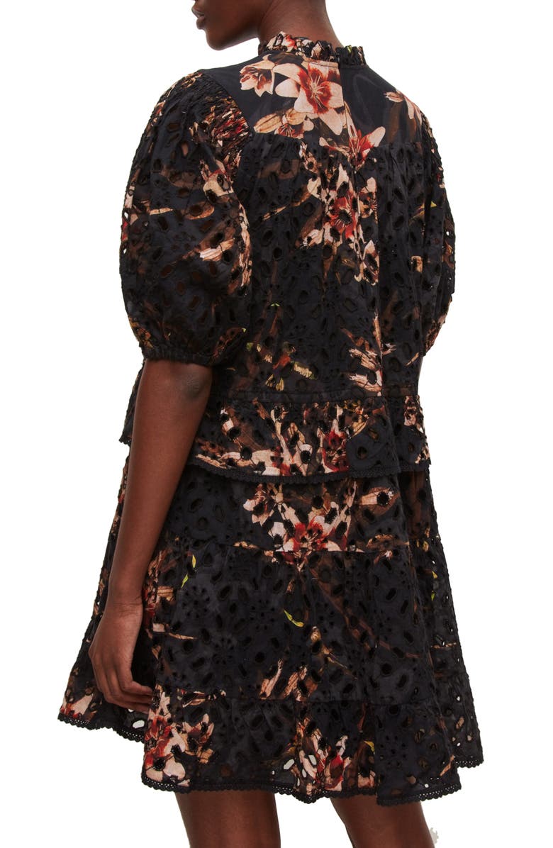 AllSaints Tila Kuroyuri Eyelet Embroidery Floral Print Cotton Minidress, Alternate, color, 