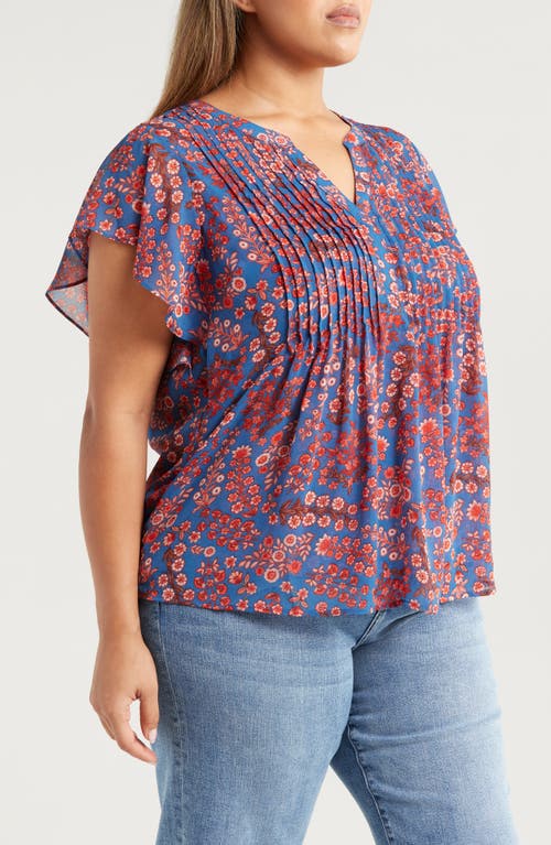 Liverpool Los Angeles Floral Print Pintuck Flutter Sleeve Top In Blue Pink Floral