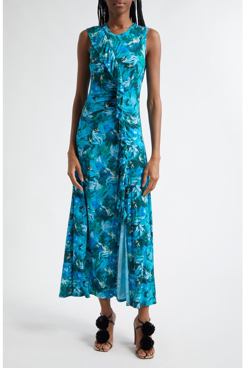 Elise Floral Print Ruffle Sleeveless Maxi Dress, Main, color, AZUL