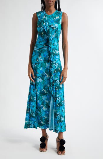Ulla Johnson Elise Floral Print Ruffle Sleeveless Maxi Dress In Blue