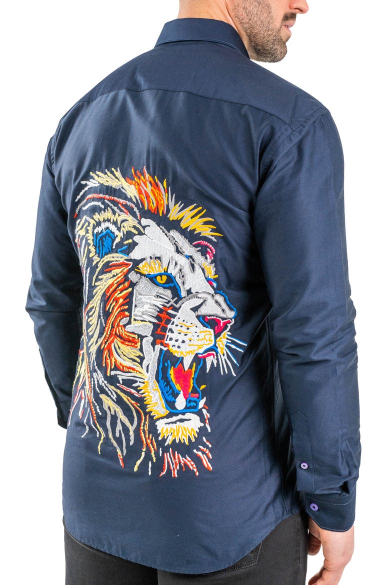 Fibonacci Lion Embroidered Contemporary Fit Button-Up Shirt, Alternate, color, BLUE