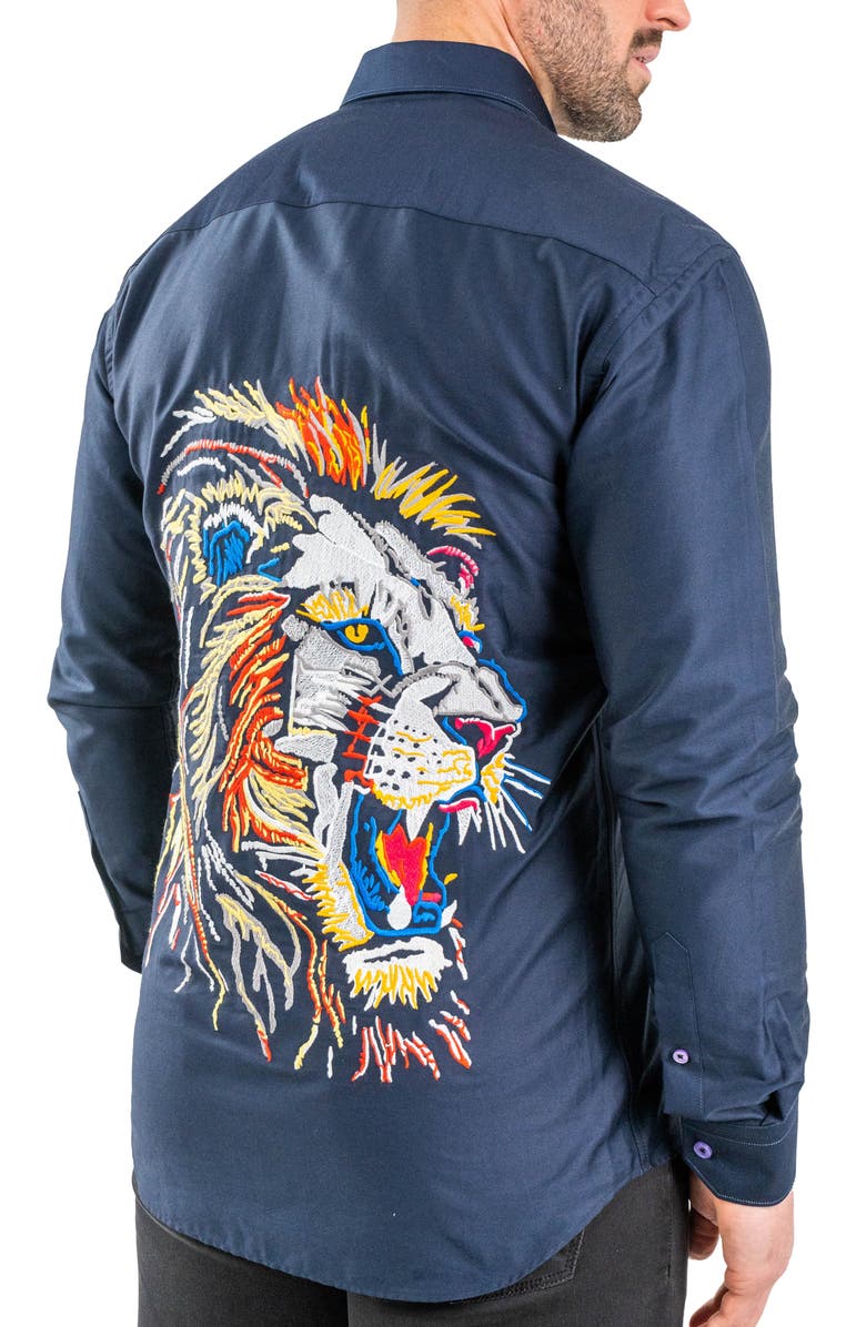 Maceoo Fibonacci Lion Embroidered Contemporary Fit Button-Up Shirt, Alternate, color, Blue