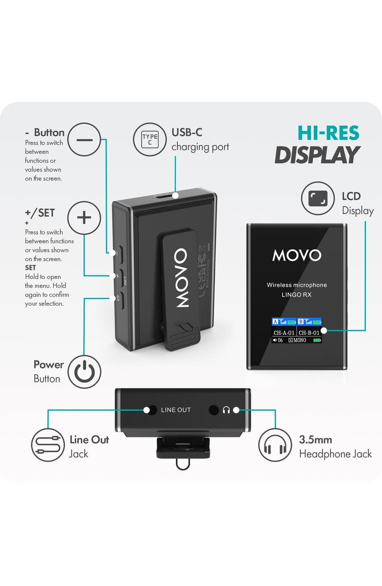 MOVO Lingo-Duo Wireless Lavalier Mic System for DSLR Cameras and Smartphones, Alternate, color, Black