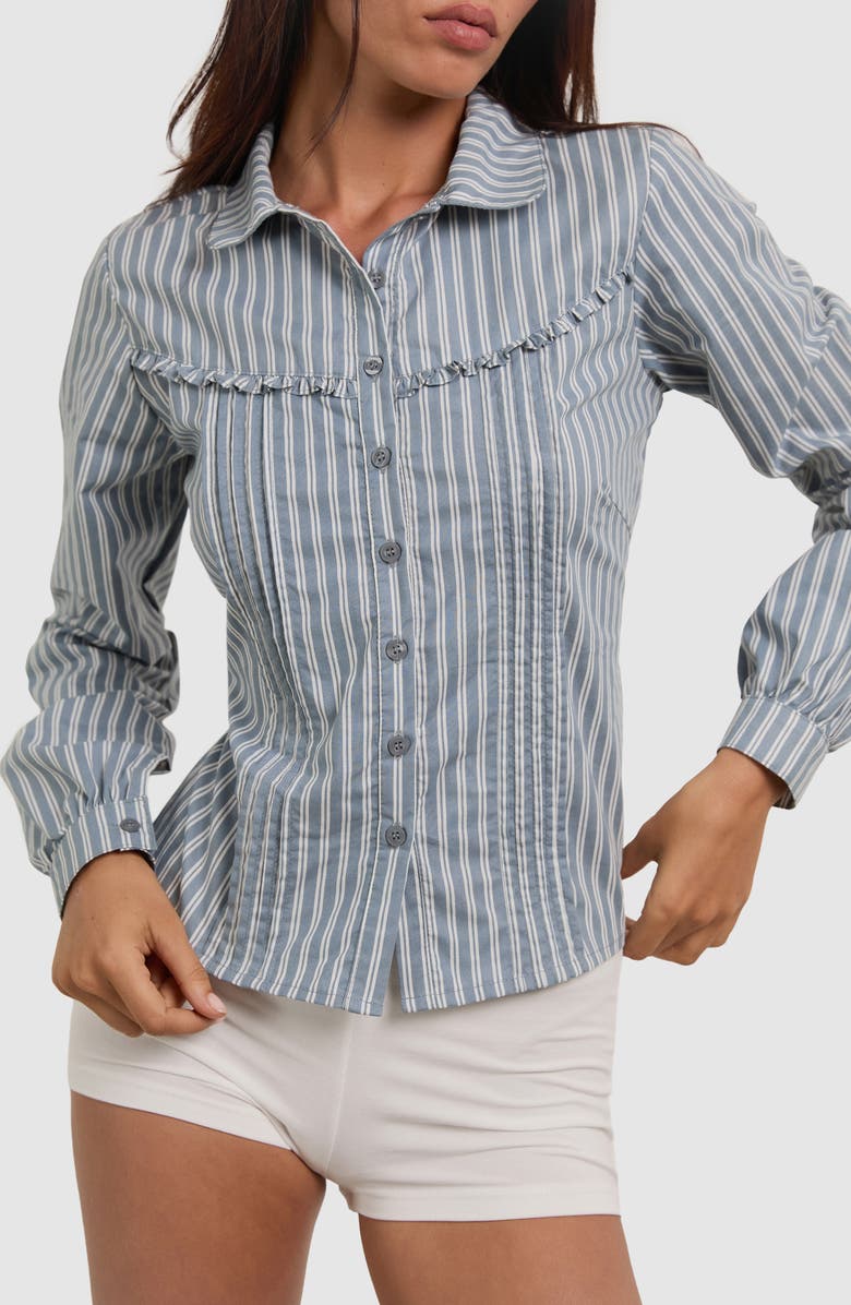 Motel Wells Frill Poplin Shirt, Alternate, color, Poplin Grey White St
