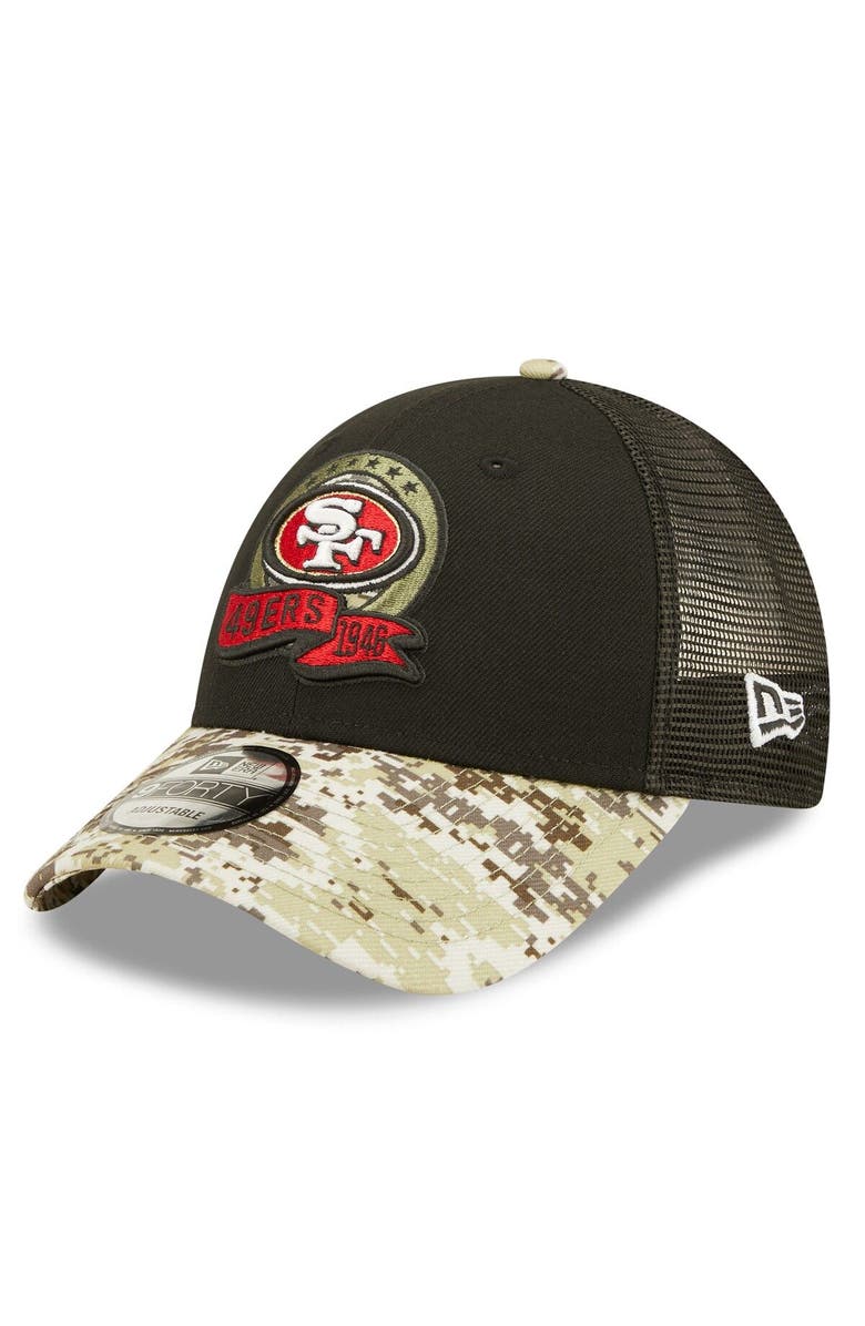 New Era Men's New Era Black/Camo San Francisco 49ers 2022 Salute To Service 9FORTY Snapback Trucker Hat, Alternate, color,