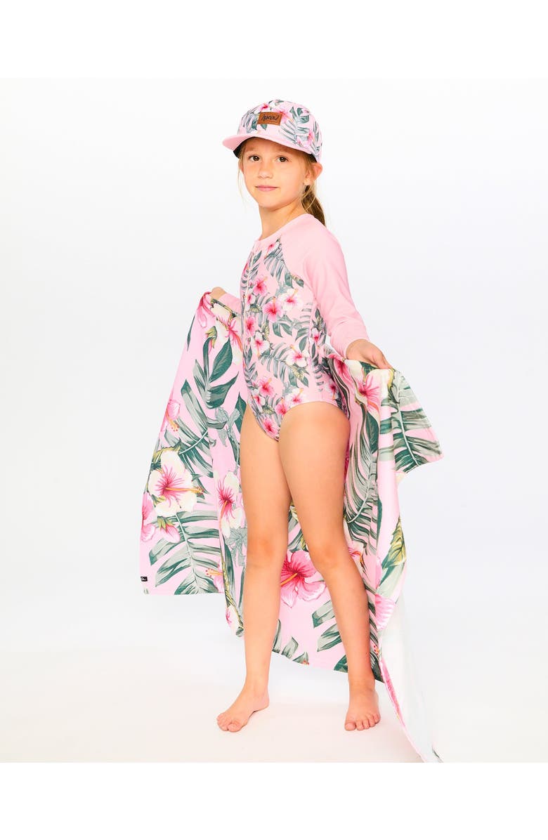 Deux par Deux One-Piece Long Sleeve Hibiscus Rashguard, Alternate, color, Pink Hibiscus Print