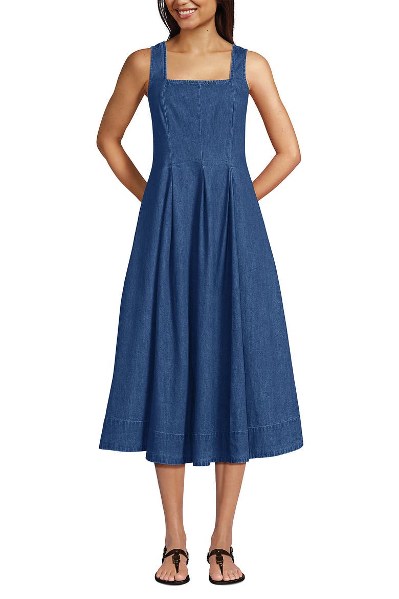 Pleated Square Neck Cotton Poplin Midi Dress, Alternate, color, Lima Blue