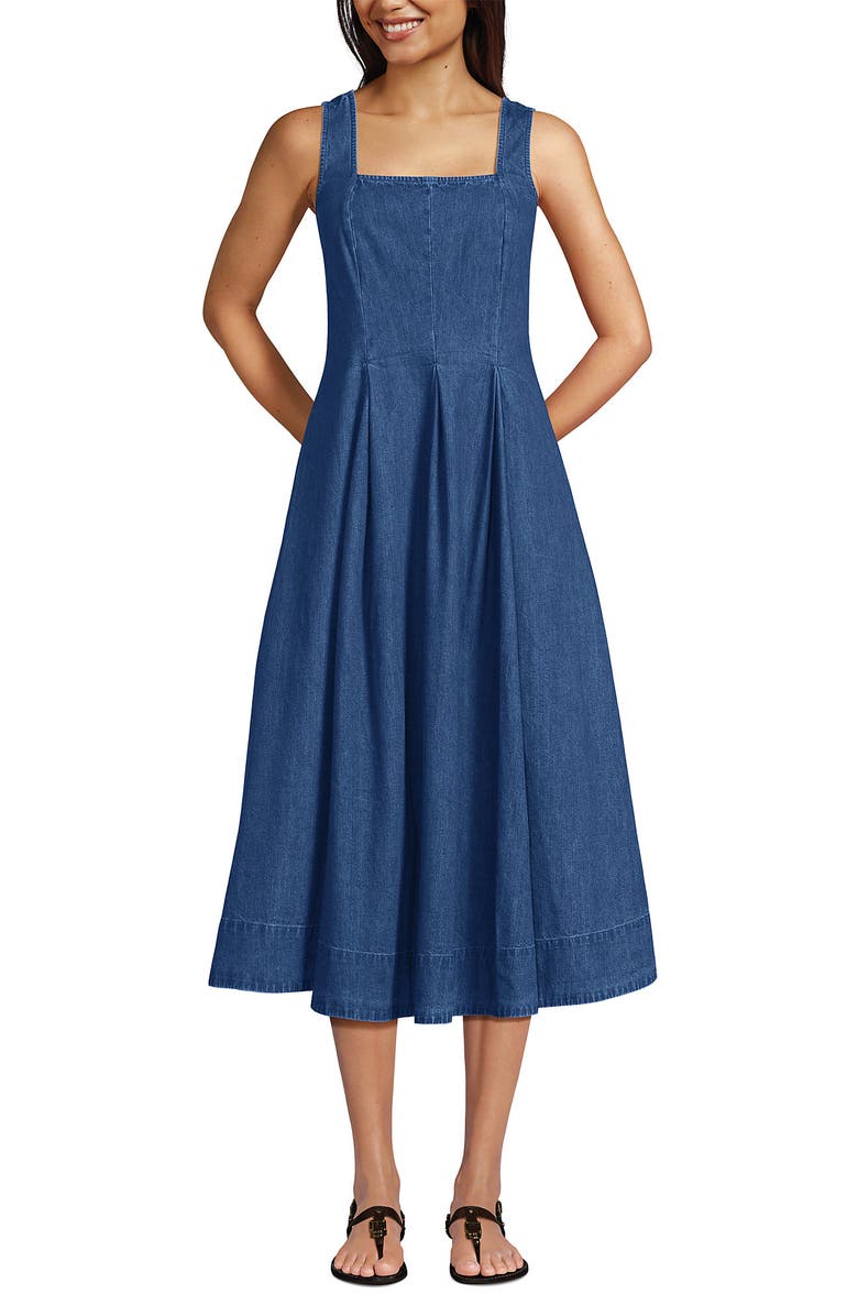 Lands' End Pleated Square Neck Cotton Poplin Midi Dress, Alternate, color, Lima Blue
