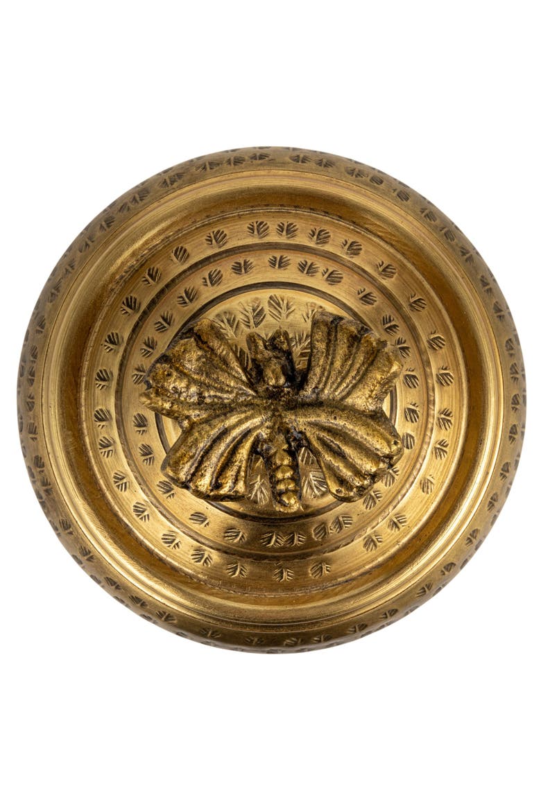 Round Hammered Metal Container with Butterfly Finial, Brass Finish, Alternate, color, Gold