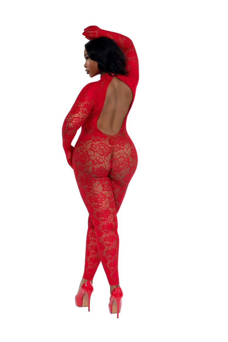 Floral Lace Seamless Bodystocking, Alternate, color, RED