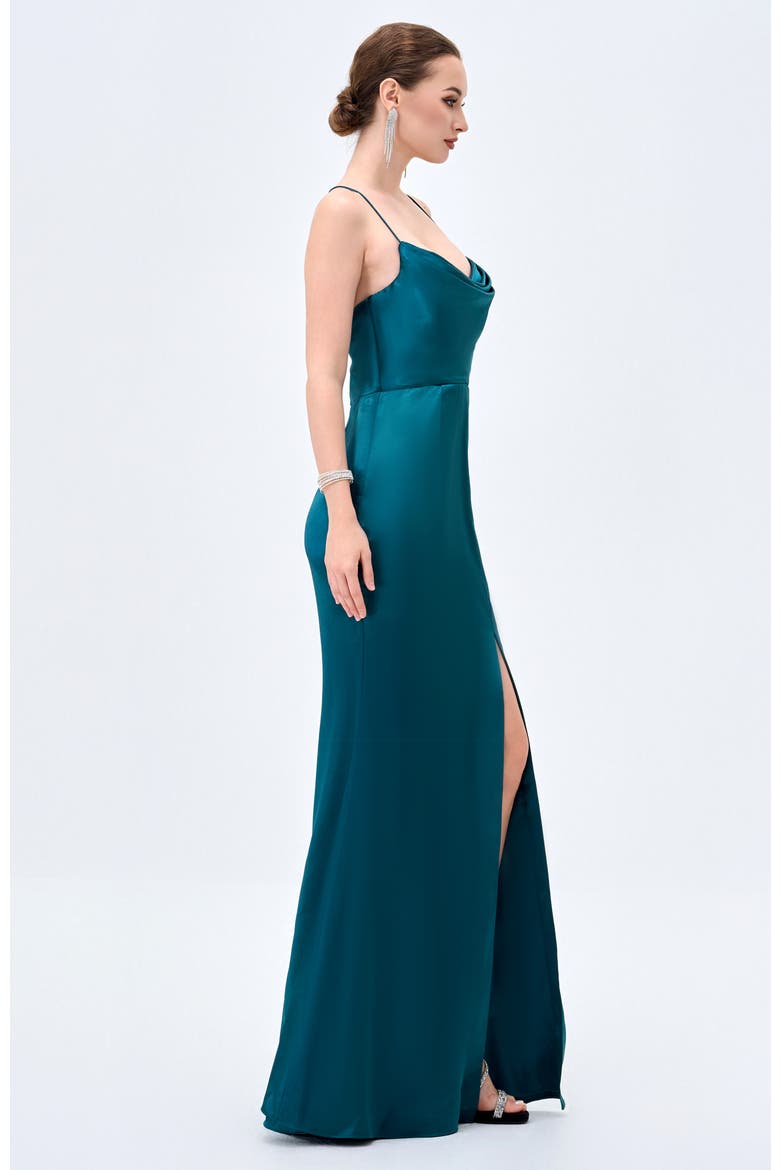 Stephanie Cowl Draped Satin Gown, Alternate, color, EMERALD