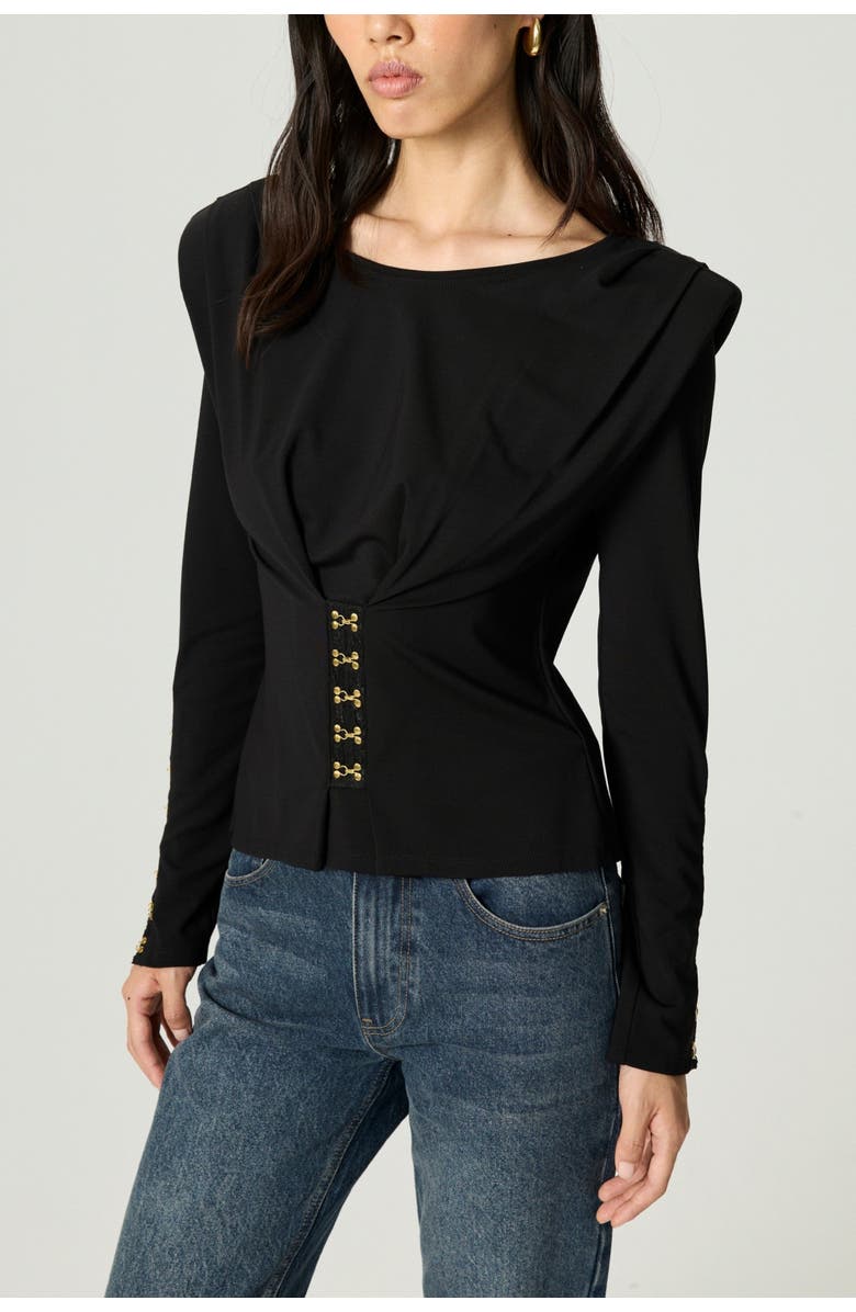Nocturne Hook-Detail Pleated Knit Blouse, Alternate, color, Black