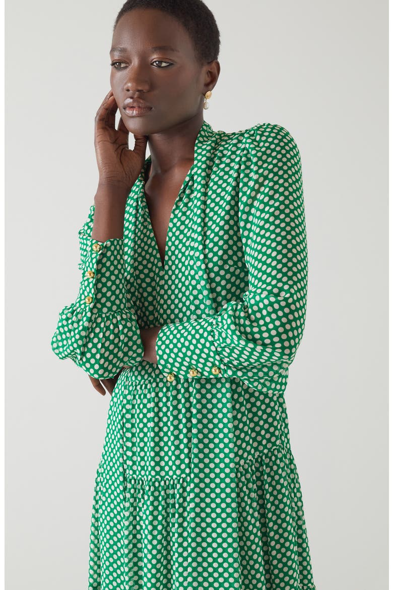 Polly Polka Dot Tie Neck Long Sleeve Midi Dress, Alternate, color, MALACHITE/ BIRCH
