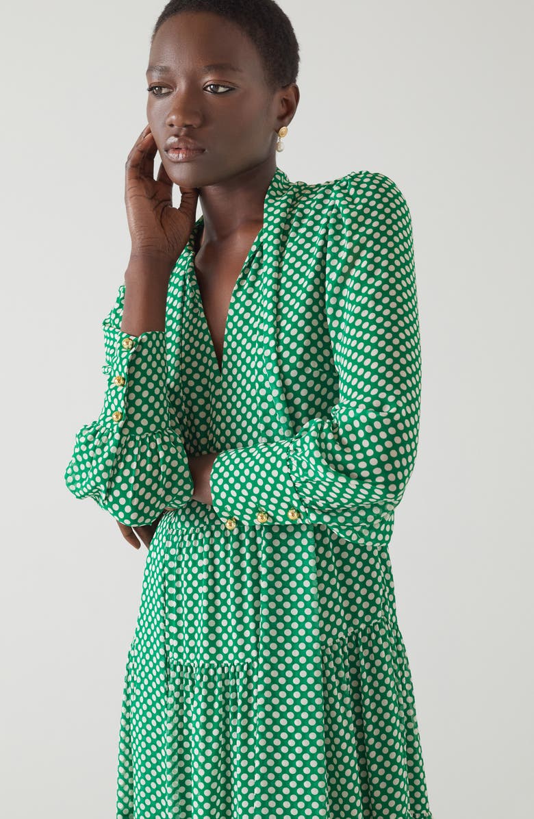 LK Bennett Polly Polka Dot Tie Neck Long Sleeve Midi Dress, Alternate, color,