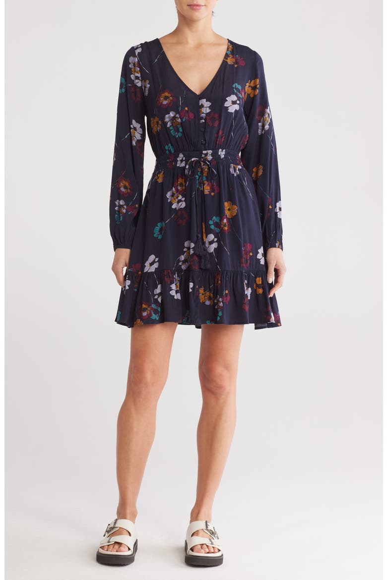 Long Sleeve Floral Print Dress, Main, color, NAVY/MUSTARD