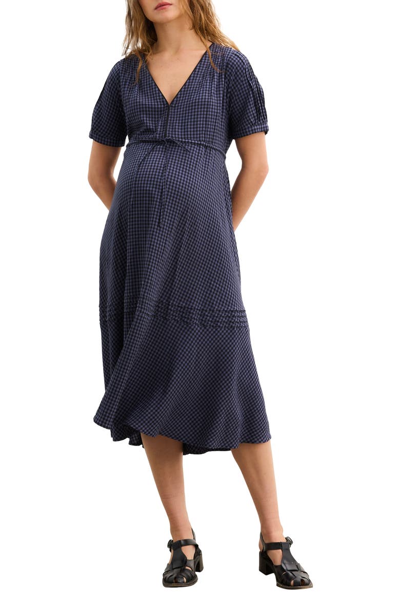 HATCH The V-Neck Gingham Seersucker Dress, Main, color, Shadow Blue