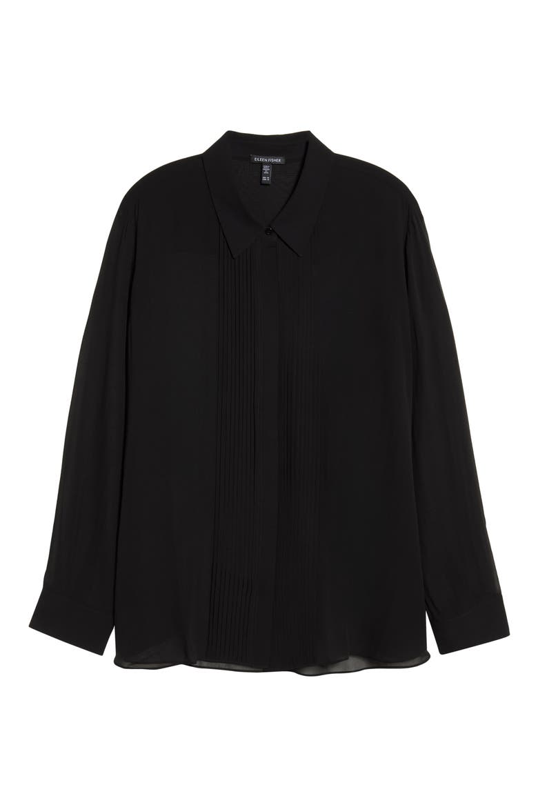 Pintucked Silk Shirt, Alternate, color, BLACK