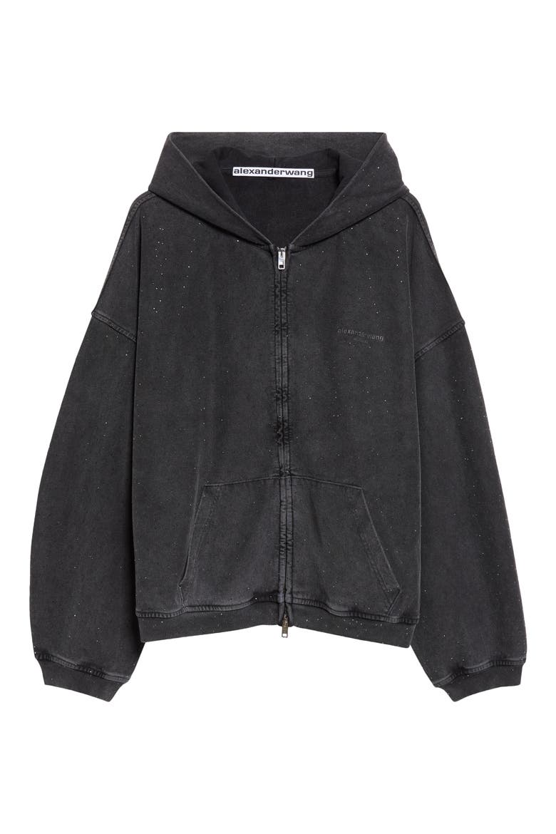 Oversize Hotfix Crystal Cotton Zip Hoodie, Main, color, WASHED ASPHALT