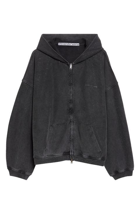 Oversize Hotfix Crystal Cotton Zip Hoodie