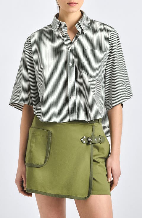 Ember Oversize Stripe Crop Cotton Button-Up Shirt