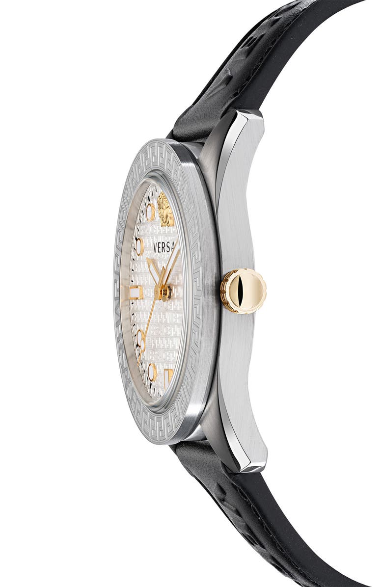 Versace Greca Dome Leather Strap Watch, 42mm, Alternate, color,