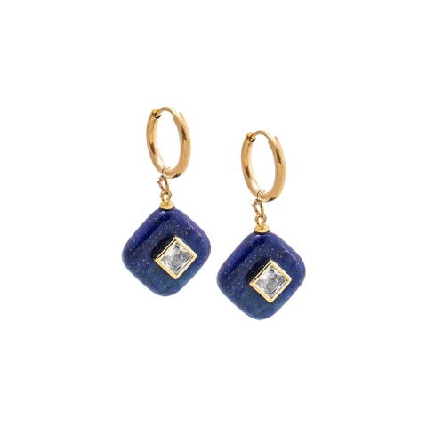 Square Charm Bezel Drop Huggie Earrings