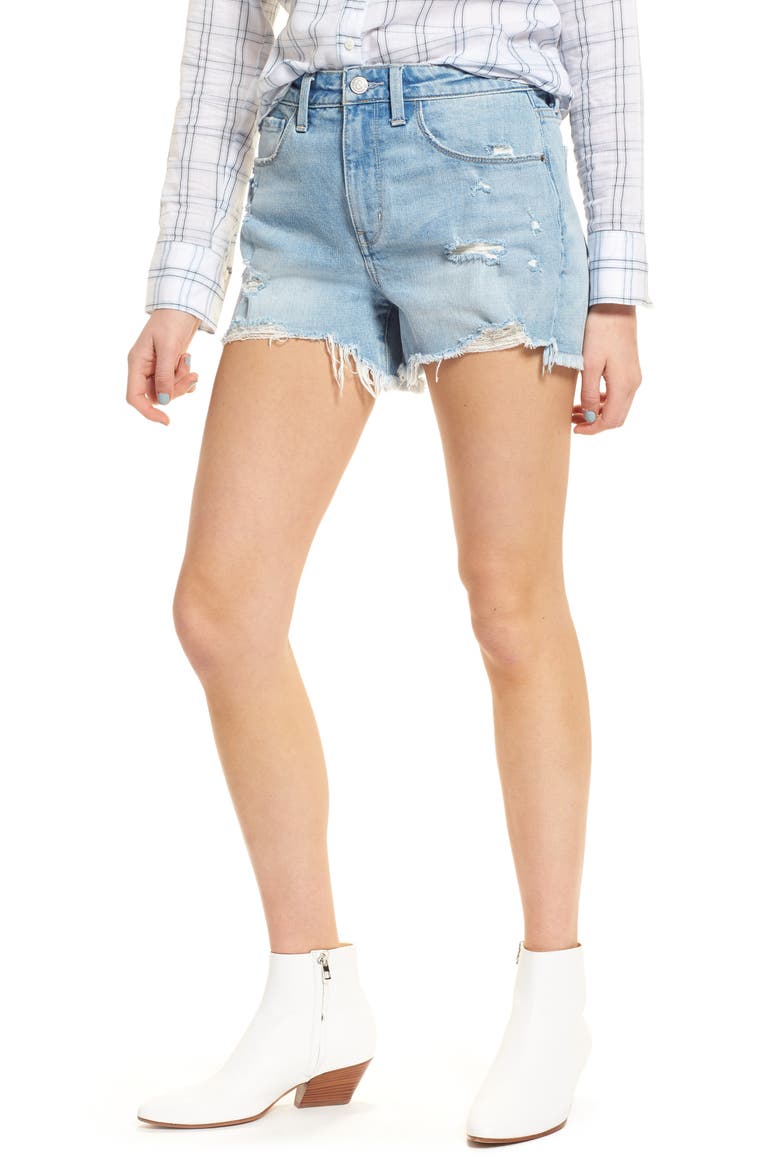 High Waist Boyfriend Cutoff Denim Shorts, Main, color, GRAVEL LIGHT DESTROYED