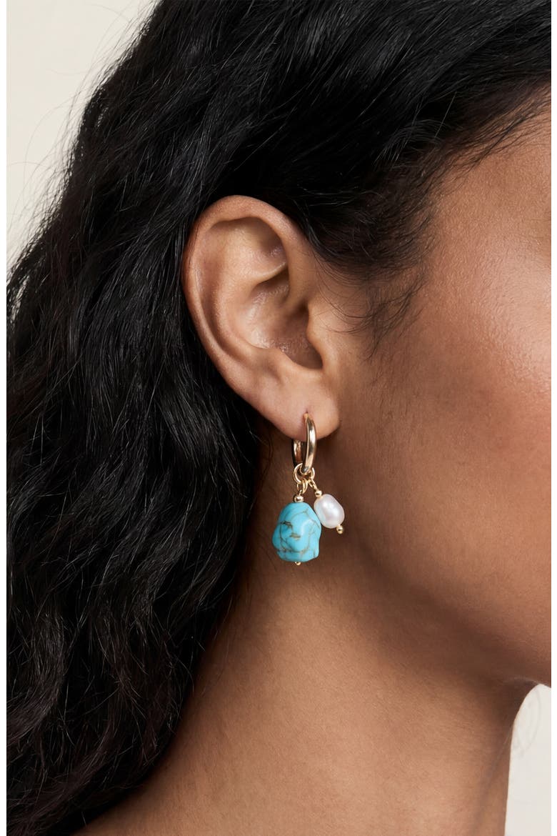 Reconstituted Turquoise & Imitation Pearl Huggie Hoop Earrings, Alternate, color, TURQUOISE