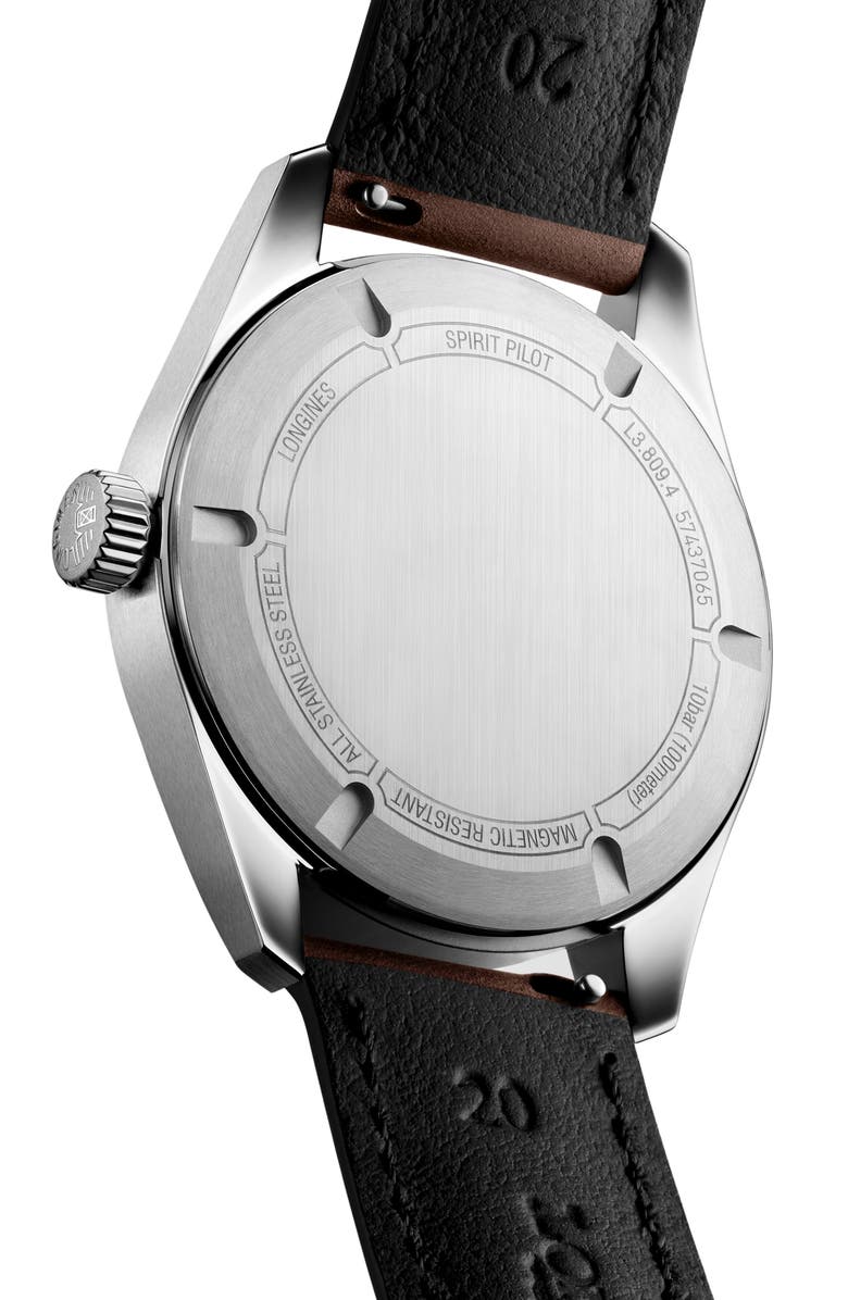 Longines Spirit Pilot Leather Strap Watch, 39mm, Alternate, color, Black