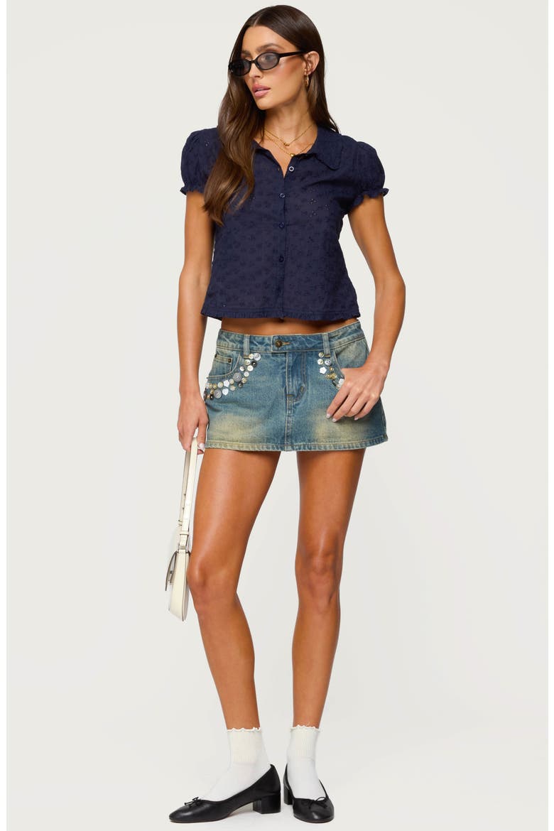 Lanie Eyelet Short Sleeve Crop Button-Up Shirt, Alternate, color, NAVY