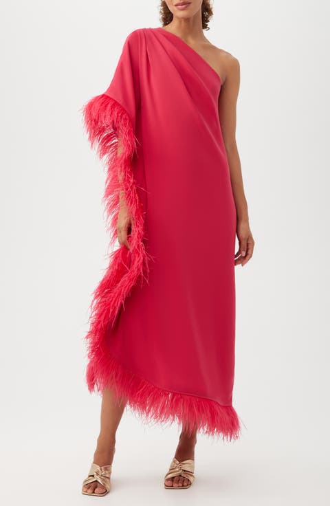 Largo One-Shoulder Feather Trim Caftan Maxi Dress