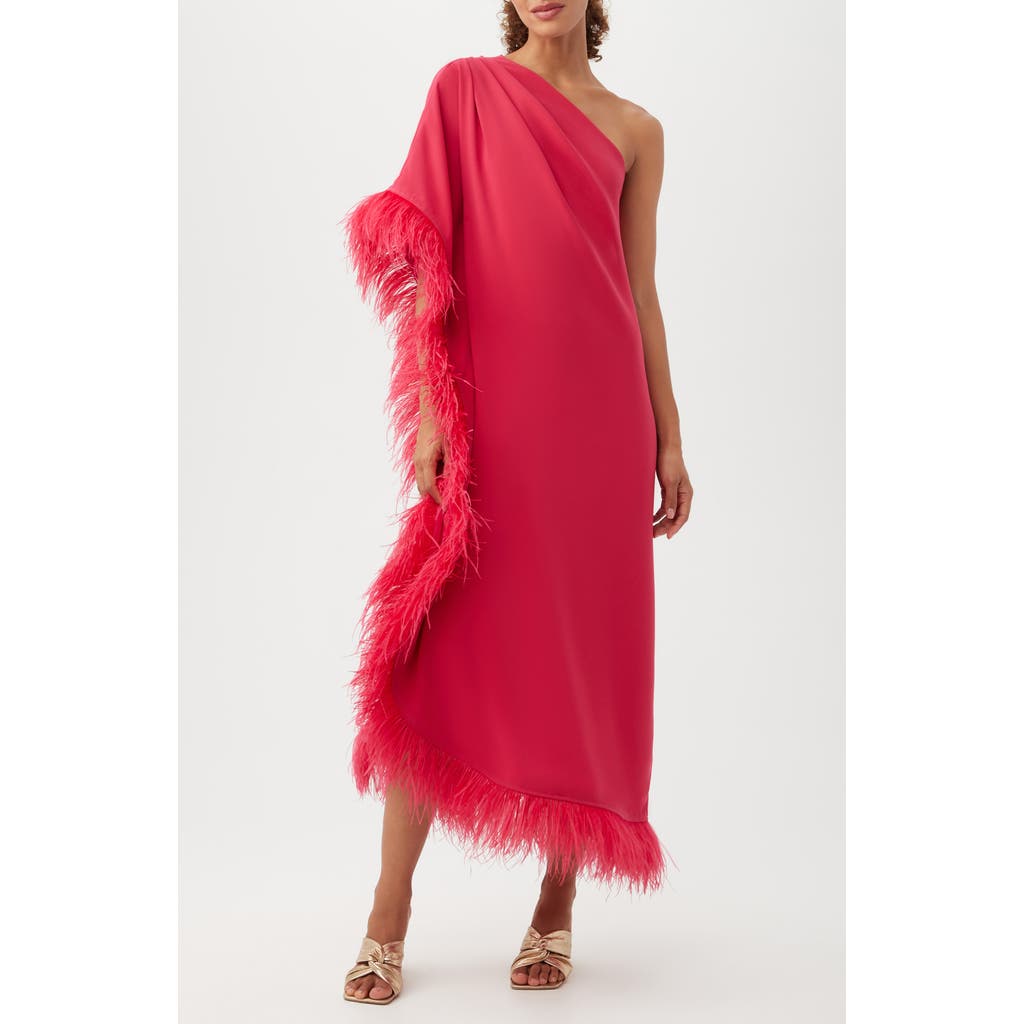 Trina Turk Largo One-shoulder Feather Trim Caftan Maxi Dress