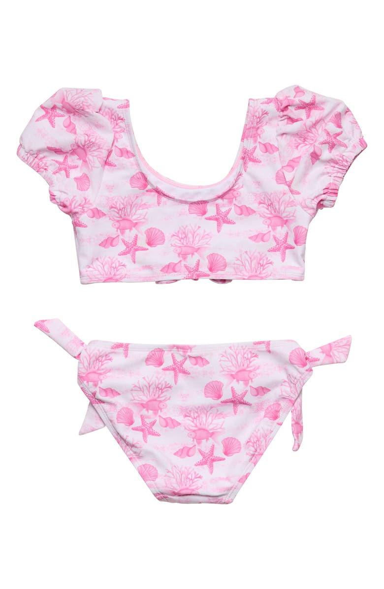 Snapper Rock Kids' Pink Lagoon Puff Sleeve Knot Front Two-Piece Swimsuit, Alternate, color, 